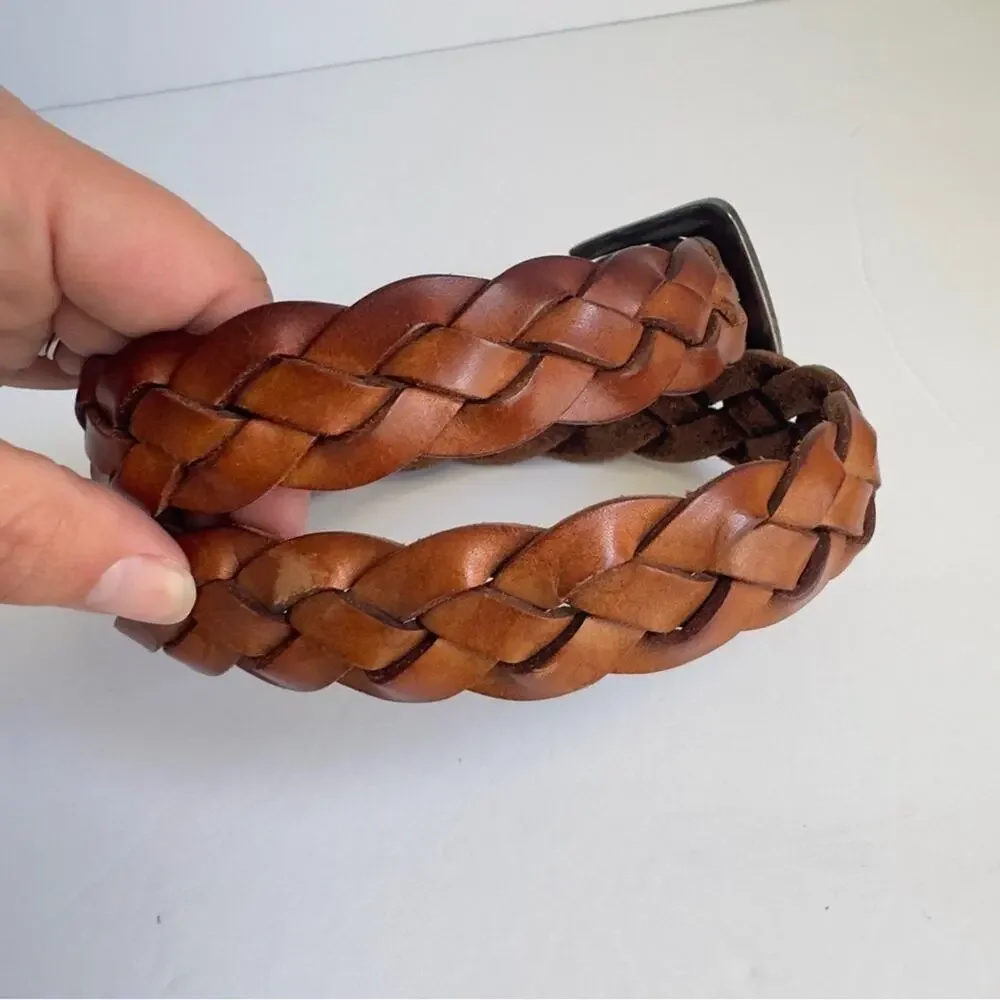 Vintage Brown Woven Leather Belt Western Distressed Boho Wide Braided 28 Small‎